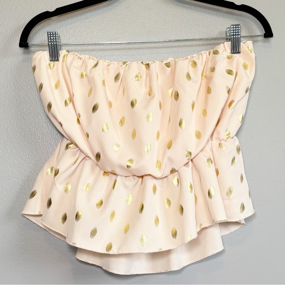4/25$ SHEIN Pink and Gold Smocked Strapless Blouse With Open Tie Back Medium - Picture 2 of 7